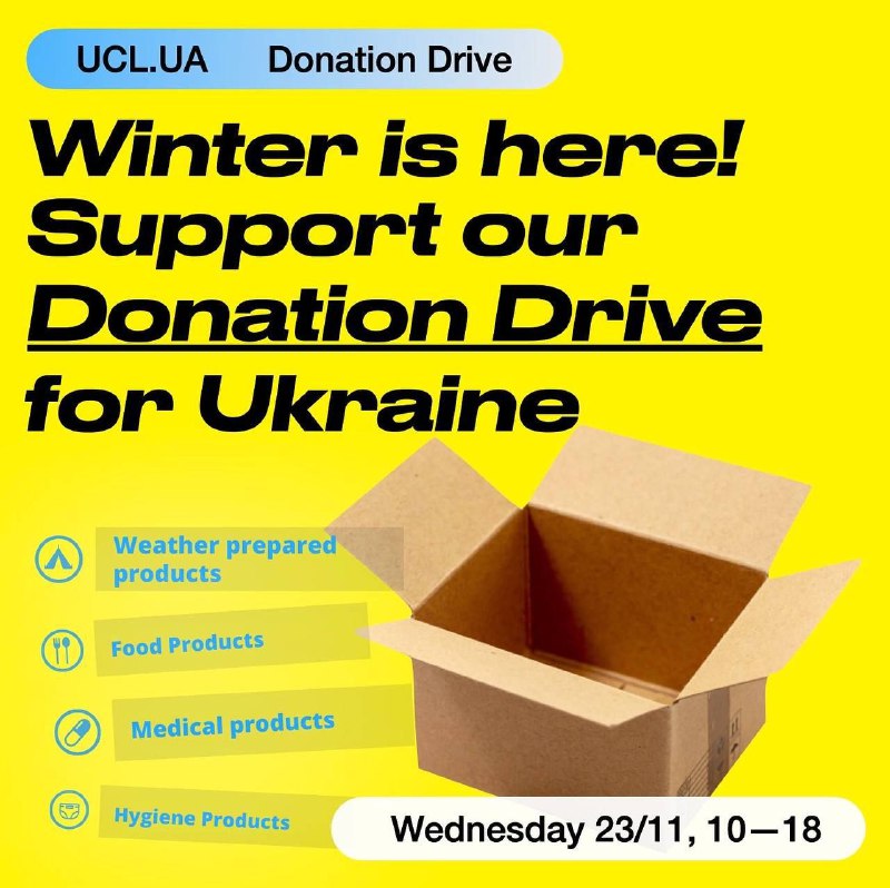 💪帮转🇺🇦UCL乌克兰社团正在筹集物资 帮助受侵略的乌克兰人民度过这个严冬​​在伦敦的伙伴们如有意捐赠物资 可在明天周三（11月22日）前往UCL学生中心和Bartlett大厅捐助地址